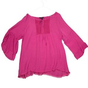 Robert Louis Peasant Blouse Womens 2X Pink Good Crochet Pom Pom Bell Sleeve